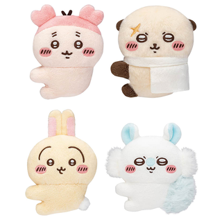 Four cute plush Chiikawa friends including Furuhonya, Rakko, Usagi, and Momonga.