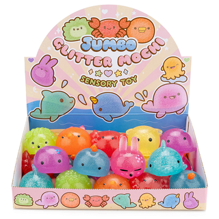 In-store box display of an assortment of glittery animal squishies.