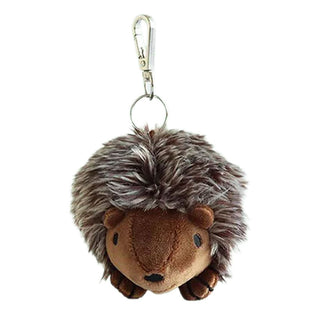 Plush brown hedgehog keychain with a silver clip on a white background