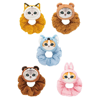 five fluffy scrunchies, each with a plush mofusand cat face attached to it, wearing an animal hood. 