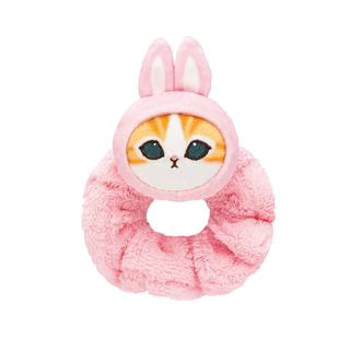 Fluffy pink scrunchie with a plush mofusand cat face on it wearing a bunny hood.