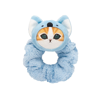 Fluffy blue scrunchie with a plush mofusand cat face on it wearing a koala hood.