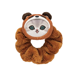 Fluffy dark brown scrunchie with a plush mofusand cat face on it wearing a tanuki hood.