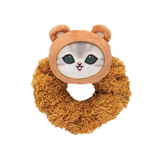 Fluffy brown scrunchie with a plush mofusand cat face on it wearing a bear hood.