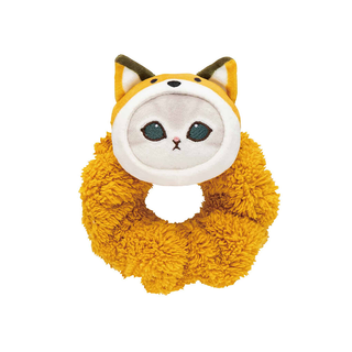Fluffy orange scrunchie with a plush mofusand cat face on it wearing a fox hood.
