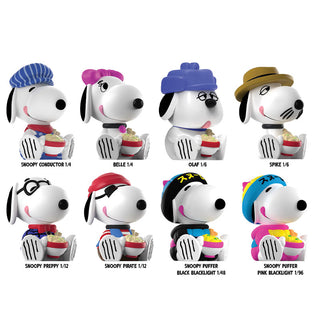 A set of eight Snoopy figurines in different outfits and poses, arranged in two rows on a plain white background, with names and scale labels beneath each figure.