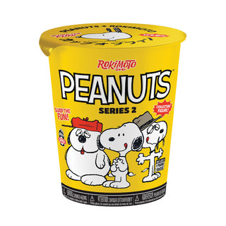 A yellow cup of RokiMoto Peanuts Series 2 instant ramen featuring cartoon illustrations of Snoopy and brothers on the label.
