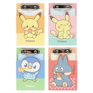 Four colorful clipboards with pastel Pokemon designs on the front covers. Each clip board has a memo pad on it.