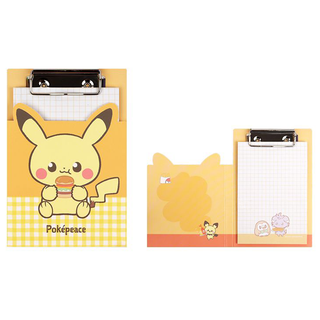 Yellow clipboard of Pikachu eating a burger. Shows the clipboard folded closed and open.