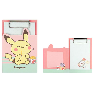 Pink clipboard of Pikachu eating fries. Shows the clipboard folded closed and open.
