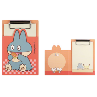 Orange clipboard of Munchlax eating a burger. Shows the clipboard folded closed and open.