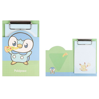 Green clipboard of Piplup eating pizza. Shows the clipboard folded closed and open.