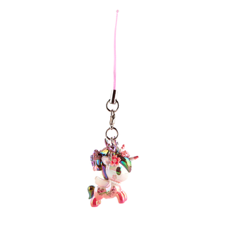 Yoshino Unicorno keychain. Shiny white to pink gradient Unicorno wearing traditional Japanese hair ornaments and cherry blossoms  in its mane. Has a cherry blossom design along its side.
