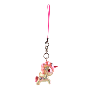 Fubuki Unicorno keychain. Shiny, glittery cream-colored Unicorno with cherry blossom petals printed all over its body and a Lucky Cat printed above its hind leg.