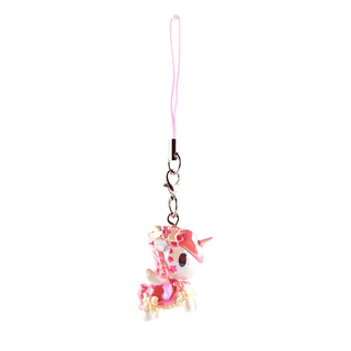 Prim Unicorno keychain. Shiny white pink Unicorno with a curly pink mane wearing a pink cape decorated with cream bows.