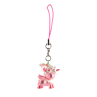 Cherry Blossom Unicorno keychain. Shiny pink Unicorno with a white mane fashioned in an intricate hair style with pink and white tokidoki-themed accessories. Has an image of a cherry blossom over its hind leg.