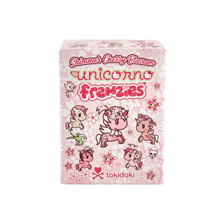 Box packaging of tokidoki Shimmer Cherry Blossom Unicorno Frenzies with pink and white designs and graphics of the Unicornos on it.