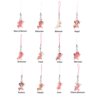All twelve Shimmer Cherry Blossom Unicorno Frenzies Blind Box phone charm designs with their names written below.