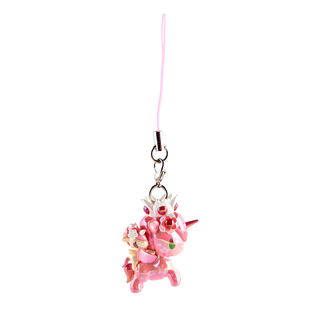 Haru & Harumi Unicorno keychain. Shiny pink Unicorno wearing a white crown with smaller cream Unicorno riding on its back.
