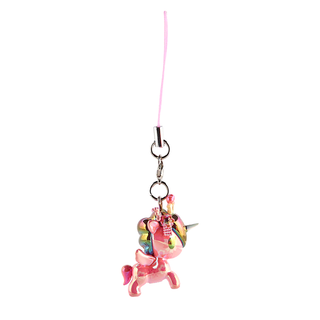 Sakurako Unicorno keychain. Shiny dark pink Unicorno wearing traditional Japanese hair ornaments in its mane.