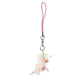 Ethereal Unicorno keychain. Shiny iridescent white Unicorno with a tail and main that are shaped like clouds.