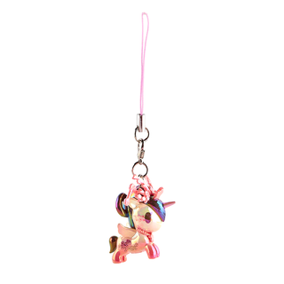 Regal Unicorno keychain. Unicorno with a shiny cream and pink gradient from top to bottom, wearing a cherry blossom-inspired headpiece with an intricate hairstyle.