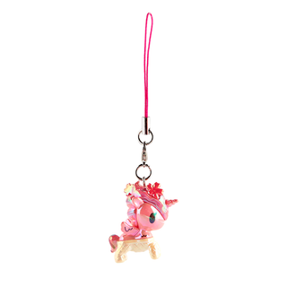 Ambrosia Unicorno keychain. Shiny pink Unicorno with its lower half wearing cream-colored pants with the texture of an ice cream cone. Has pink cherry blossoms in its mane.