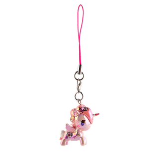 Ichiyo Unicorno keychain. Shiny powder pink Unicorno with cherry blossom graphics printed on its mane and body, similar to a tattoo design.