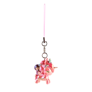 Momoko Unicorno keychain. Shiny pink Unicorno wearing traditional Japanese hair ornaments in its mane, carrying a doll with a short black bob on its back.