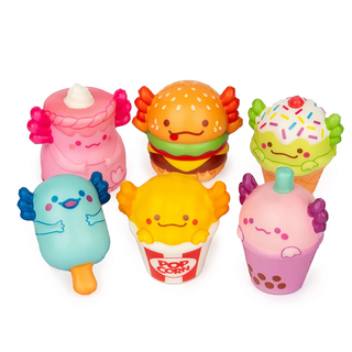 Six colorful axolotl squishies shaped like different treats including a cake, hamburger, ice cream cone, popcorn bucket, popsicle, and boba. From A top-down perspective.