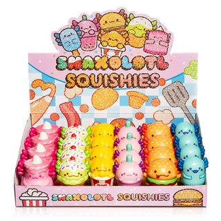 In-store box display of the six colorful axolotl squishies shaped like different treats including a cake, hamburger, ice cream cone, popcorn bucket, popsicle, and boba. There are four of each type of squishy.