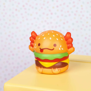 Burger-shaped axolotl squishy.